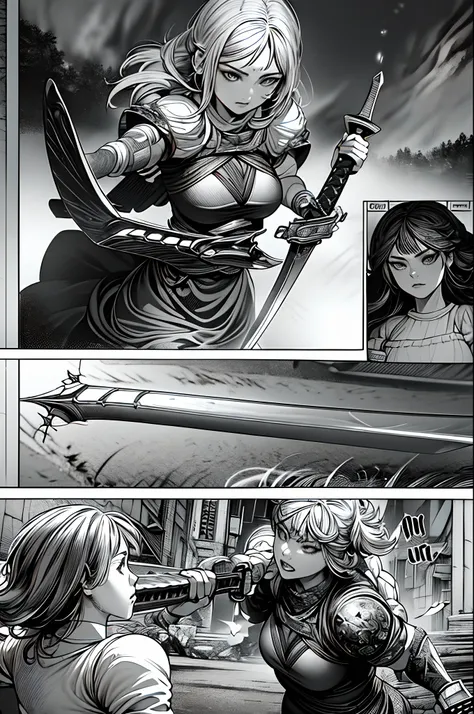 comic storyboard:1.8, ((best quality),(((ultradetailed))).(((masterpiece))),illustration,'young woman transforming into a fully ...