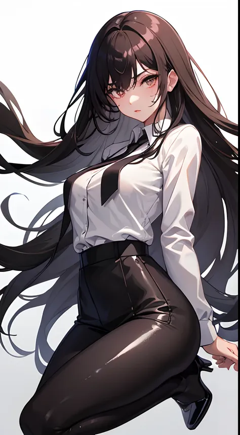 1girl, solo, full body, white button up shirt, black high heels, black slacks, black tie, masterpiece, best quality, hyper-detailed, (shiny skin, sweaty:1.4), looking at viewer, long black hair, hime style bangs, light brown eyes color, slender, dynamic li...