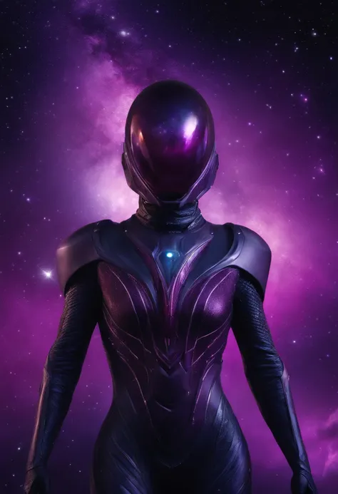 Create an image of an extraterrestrial being that resembles a purple ruby, with a translucent structure that reflects the galaxy in its ruby armor. The being emanates a mysterious and deep purple cosmic aura that contrasts with the stars and constellations...