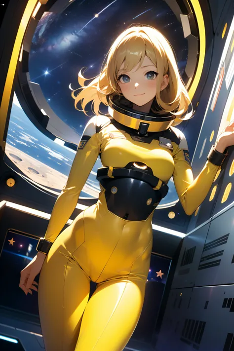 (masterpiece, best quality:1.2), (cowboy shot:1.1), solo, 1girl, mori yuki, slight smile, closed mouth, looking at viewer, blonde hair, thigh gap, yellow bodysuit, skin-tight, perfect body, belt, large window, (starship porthole:1.3), from front, (spread l...