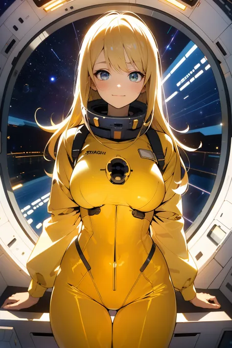 (masterpiece, best quality:1.2), (cowboy shot:1.1), solo, 1girl, mori yuki, slight smile, closed mouth, looking at viewer, blonde hair, thigh gap, yellow bodysuit, skin-tight, perfect body, large window, (starship porthole:1.3), (spread legs:1.3), (standin...