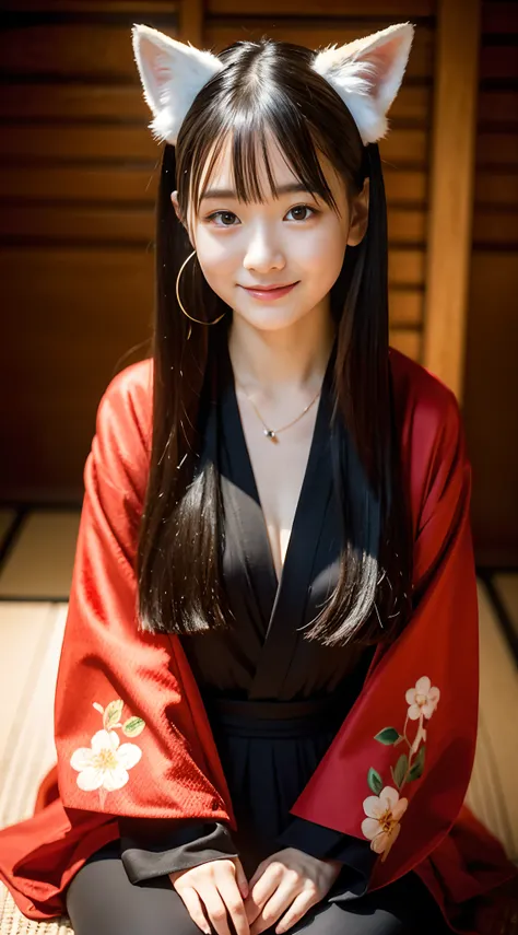 Floral kimono、Beautiful Japan kimono、Beautiful obi、Inside the sacred shrine、traditional Japanese room、Sitting on a red cushion、Beautiful seated statue、Zashiki、eye color is golden、Fox pupils、Black fox ears、Thin smile、during daytime、15yo student、Semi-long、la...