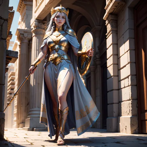 The beautiful goddess Athena parades gracefully through the vibrant streets of ancient Greece, radiating elegance in her dazzling flowing gray robes, wielding spear and shield ornamented with Medusas head, armadura e capacete de ouro. In an epic dark envir...