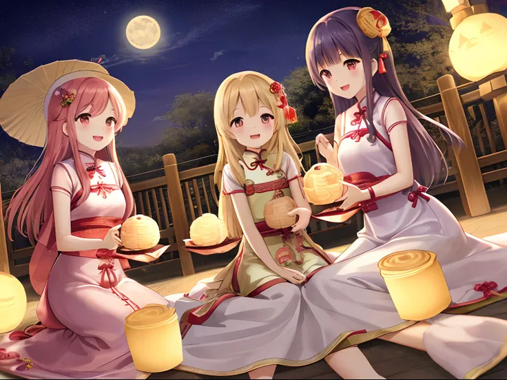 mid-autumn festival，blessings，Happy，Children with long dress，Mooncakes，lantern，Play，4K, Pubic area is clear，cartoony