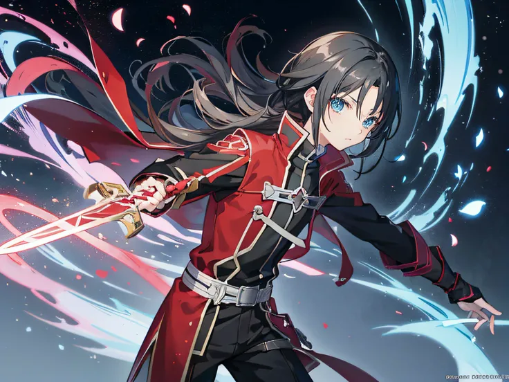 anime character with a red swordsman clothes from Sword art Online Alicization, inspired by Kirito from Sword Art Online, official fanart, made with anime painter studio, official art, inspired by Reki Kawahara, inspired by abec ilustation, in sword art on...