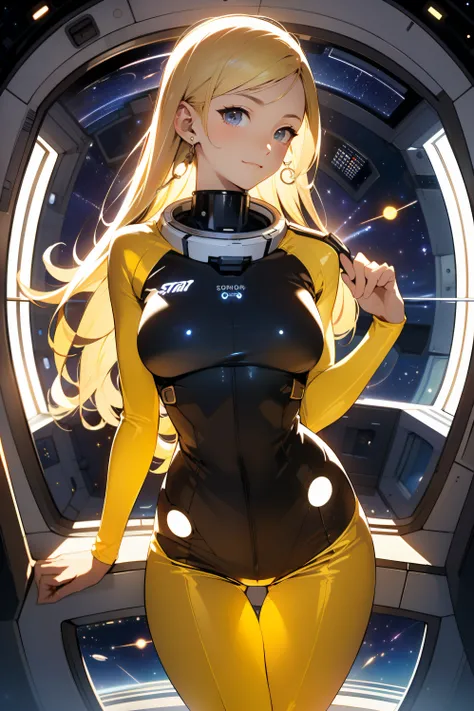 (masterpiece, best quality:1.2), (cowboy shot:1.1), solo, 1girl, mori yuki, slight smile, closed mouth, side view, looking at viewer, blonde hair, long hair, thigh gap, yellow bodysuit, skin-tight, perfect body, large window, (starship porthole:1.3), (spre...