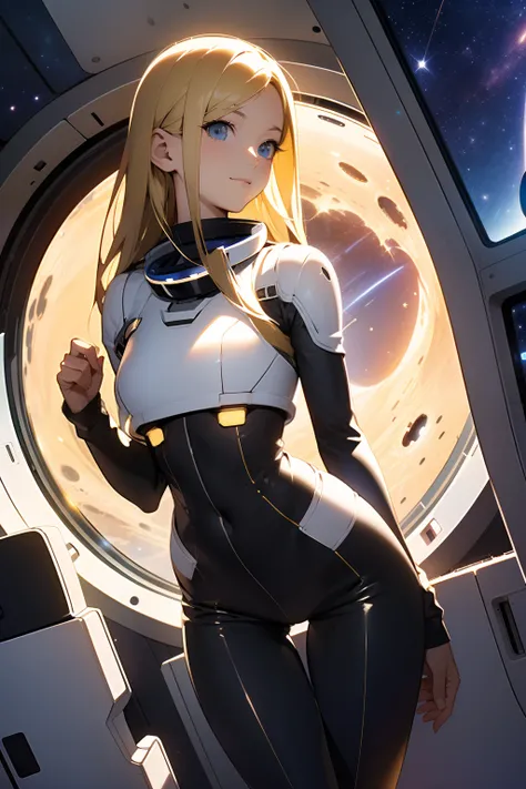 (masterpiece, best quality:1.2), (cowboy shot:1.1), solo, 1girl, mori yuki, slight smile, closed mouth, side view, looking at viewer, blonde hair, long hair, thigh gap, yellow bodysuit, skin-tight, perfect body, large window, (starship porthole:1.3), (spre...