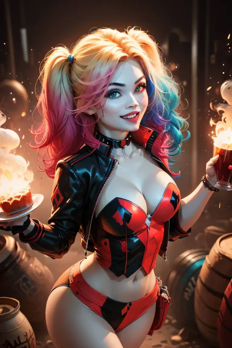 melhor qualidade, ultra-detalhado, cores vibrantes, realistic lighting, Retratos, olhar intenso, sorriso sedutor, cabelos vermelhos e azuis ardentes, maquiagem detalhada, playful and mischievous expression, dinamic poses, Trajes estilosos, Gotham City Sett...