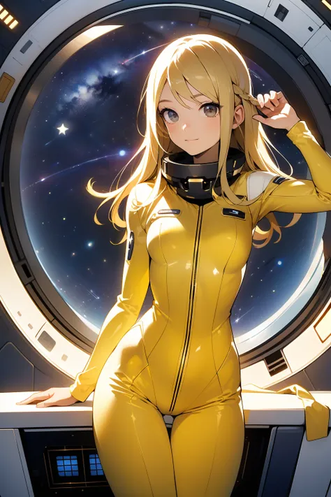 (masterpiece, best quality:1.2), (cowboy shot:1.1), solo, 1girl, mori yuki, slight smile, closed mouth, side view, looking at viewer, blonde hair, long hair, thigh gap, yellow bodysuit, skin-tight, perfect body, large window, (starship porthole:1.3), (spre...