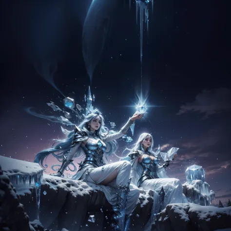 a close up of a person sitting on a snow covered ground, crystalline skin, ice mage, ice lord, maya ali as a storm sorcerer, may...