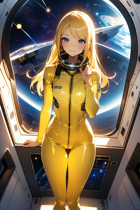 (masterpiece, best quality:1.2), (cowboy shot:1.1), solo, 1girl, mori yuki, slight smile, closed mouth, side view, looking at viewer, blonde hair, long hair, thigh gap, yellow bodysuit, skin-tight, perfect body, large window, (starship porthole:1.3), (spre...