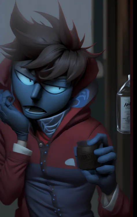 Personagem Tord de Eddsworld segurando um copo whiskey sentado em uma cadeira de bar , vestindo um   sobretudo azul com um moletom vermelho por baixo, black colored gloves on your hands, highes definition, blurry background, fundo bar.