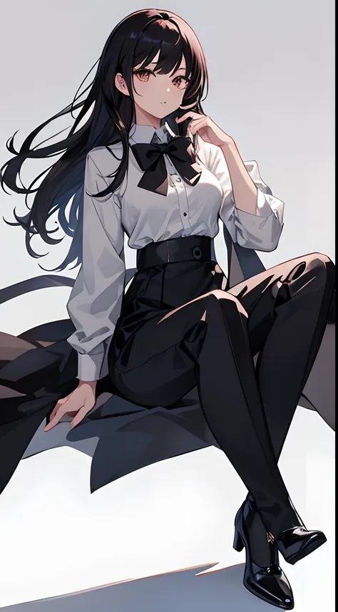 1woman, solo, full body, white button up shirt, black high heels, black slacks, black bowtie, masterpiece, best quality, looking...