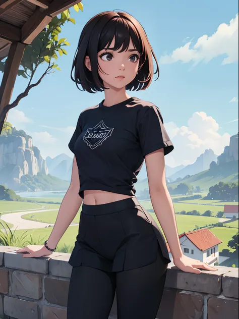 Planta com folhas brancas, 1girl vestindo uma blusa branca e um short legging preto, with a beautiful landscape behind, 4k, ((best resolution)), ((melhor qualidade)).