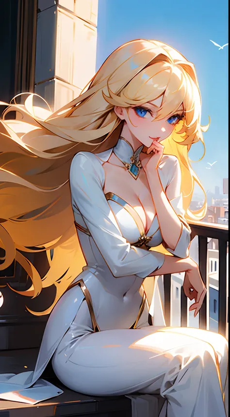 Elegant, 1 woman, chic clothes, sitting on the balcony, outdoors, giant blonde hair, seductive looks, very seductive, blue eyes, giant hair flying delicately