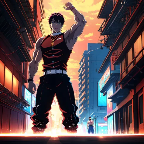 sexy muscular anime character standing in the middle of a city street at night, hero pose of colorful front city lighting, badas...