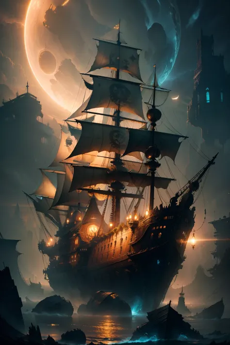 Ghost Ship, Fantasy Art, intricate, Beautiful, glowing, Golden Hour, outer space, ultra-detail, Detailed modeling, Broken hull, Fantastic, mysterious, Scary, The sails decayed., foggy, Flashing light, Realistic, detailed illustration, high-res, Haunted Shi...