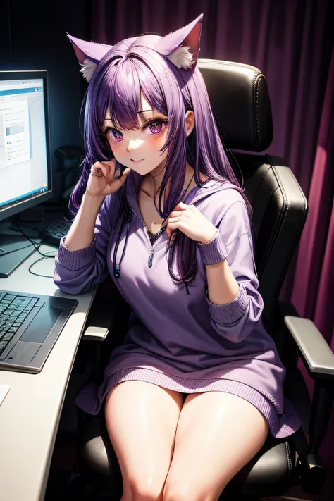 purple haired catgirl sitting at a computer streaming