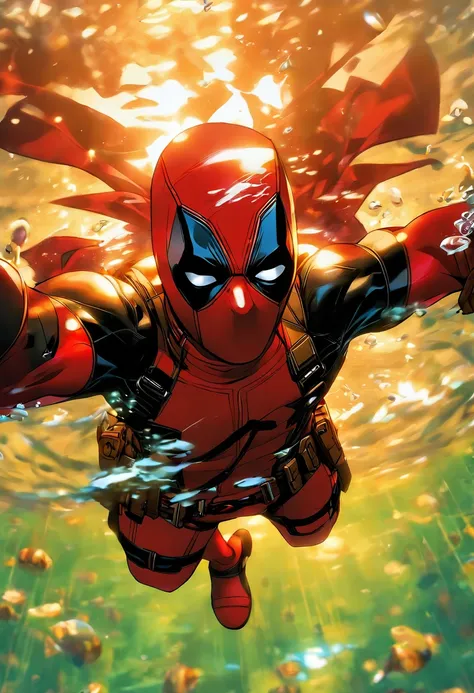 foreshortening,  profundidade de campo, master part, best quality, deadpool, underwater, bolha de ar, sozinho, Olhando para o Viewer, swimming,  luz solar fraca,