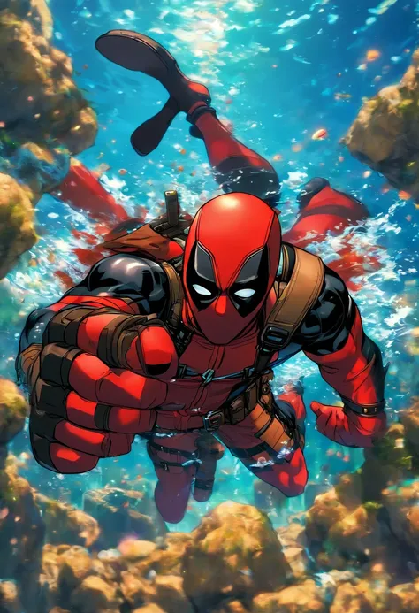 foreshortening,  profundidade de campo, master part, best quality, deadpool, underwater, bolha de ar, sozinho, Olhando para o Viewer, swimming,  luz solar fraca,