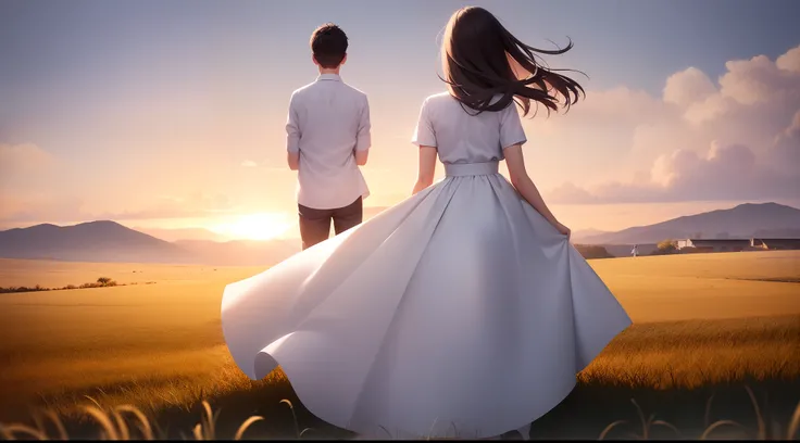 1 girl wearing white dress, 1 boy wearing white shirt. 8k resolution, ultra-detailed, masterpiece, highest quality, (on grassland), shot taken from behind, sunset