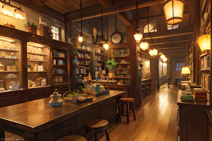 (masterpiece:1.2), best quality,PIXIV, Night scene,
scenery, humans, window, plant, potted plant, indoors, shelf, wooden floor, lantern, lamp, book, bookshelf, blurry, table, jar, depth of field, chair, cup, fantasy, barrel, ladder,Funny Times Shop, a brig...