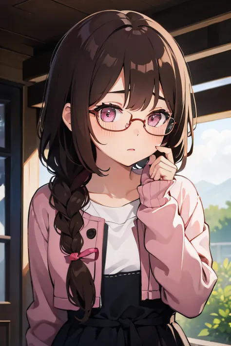 1 girl, brown hair, one braid, pink eyes, shy, glasses