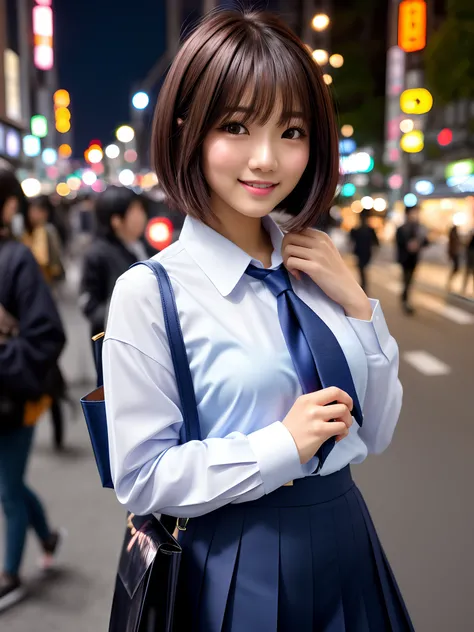 product quality, 1girl, upper body shot, front view, a Japanese young pretty woman, bob hair, standing on a crowded sidewalk with a big smile in the night, beautifully light upped Tokyo tower in the background, glamorous figure, wearing a long sleeves whit...