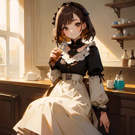 Beautiful illustration、top-quality、girl with、Brown hair、shorth hair、hair adornments、Fashionable clothes、A slight smil、(((Delicat eyes)))、cafes、Sit down and have a drink