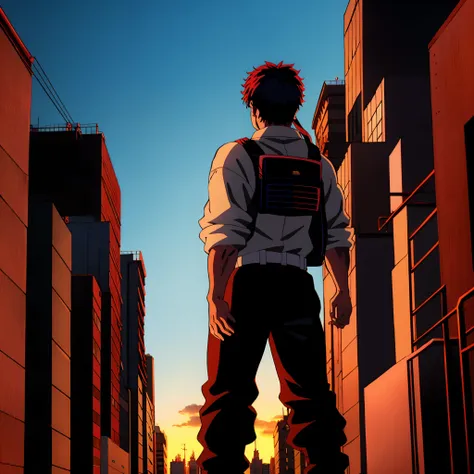 anime character in front of a city street with buildings in the background with heroic pose, badass anime 8 k, an epic anime of ...