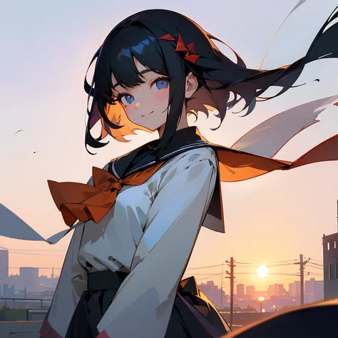 Beautiful illustration、top-quality、girl with、Black hair、shorth hair、hair adornments、high-school uniform、A slight smil、(((Delicat eyes)))、evening、Residential area