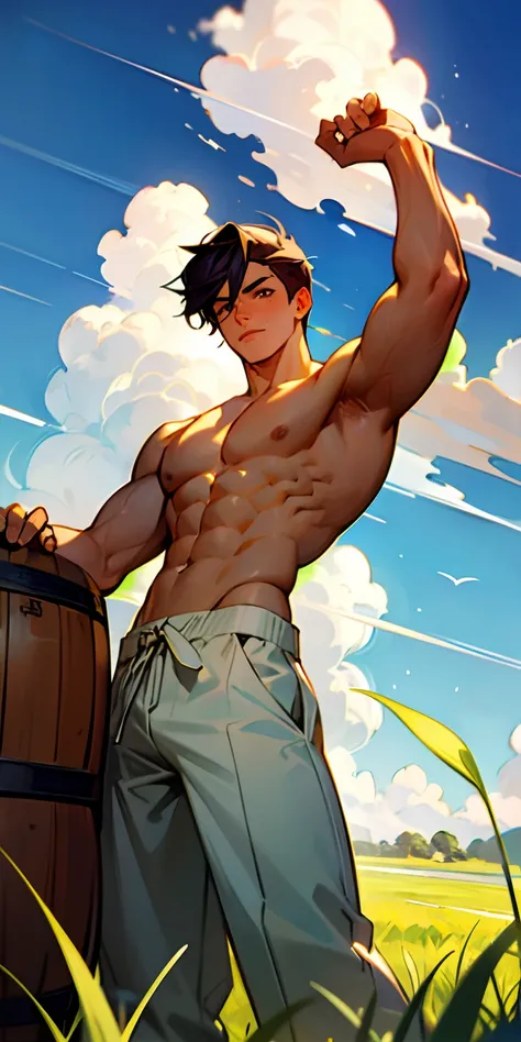 1boy,, masterpiece, best quality, shirtless boy in a grassy field with blue sky and clouds. The man is muscular and well built, with shiny body and defined muscles. The man is wearing a beige-white pant which has intricate motifs. The man is wearing a sing...