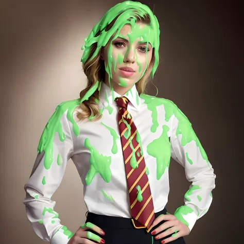 Scarlett Johansson green paint on her face and tie, green slime dripping, green slime, covered in slime!!, green slime everywhere, fangs and slime, oozing slime, covered in red slime, dripping in neon paint, character is covered in liquid, slime monster, s...