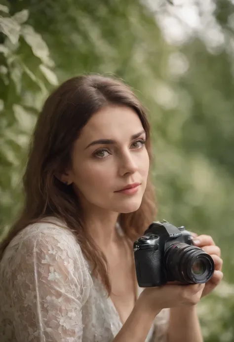 30-year-old woman realistic photographer, with camera, Italian woman