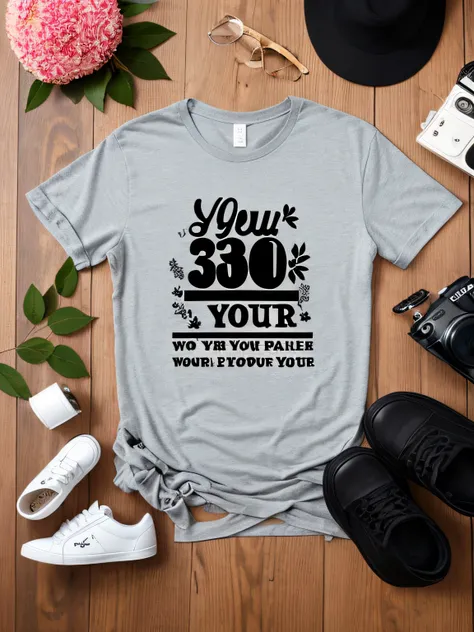 Mockup of a simple Bella Canvas 3001 bundle black heather T-shirt with the text "Your Design Here" placed on a wooden background, adorned with shoes and flowers, mug, Camera, hat, glasses.