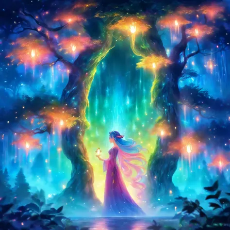 (best quality,highres,ultra-detailed),female with glowing teal eyes,rainbow colored hair,casting glowing spells,mystical forest,witch,goddess,medium:oil painting,beautiful detailed lips,dark and mysterious atmosphere,flowing gown,ethereal light,sorcery and...