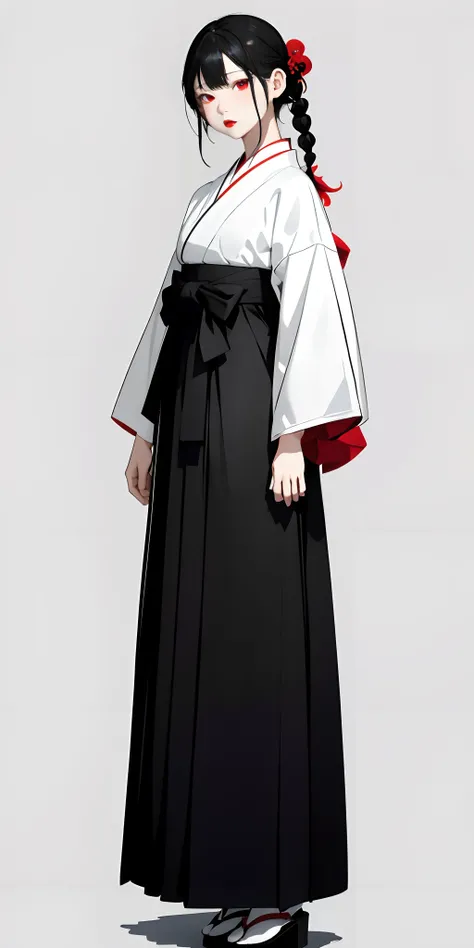 top-quality、​masterpiece、1 girl in、Black background、Black background、Full Body Angle、White and black hakama、Hakama、Standing、black backgrounds、white  hair:1.5、Red Eyes、red-lips、white  clothes、Black and white world、Black and white world、light skinned、Side br...