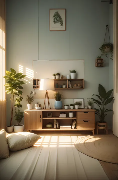 (best quality), a cozy and inviting room, with warm and soft lighting, (minimalist design), wooden furniture, (peaceful and calming atmosphere), plants and greenery, (subtle hints of blue and beige), a --auto --s2