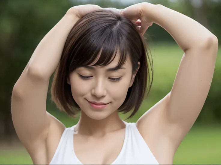 (top-quality、8K、32K、​masterpiece、nffsw:1.2)、A cute Japanese woman、Medium Hair、(Armpit close-up:1.4)、POV、((Fold your hands behind your head:1.5))、(large full breasts:0.9)、outside of house、I can see the side、barechested、