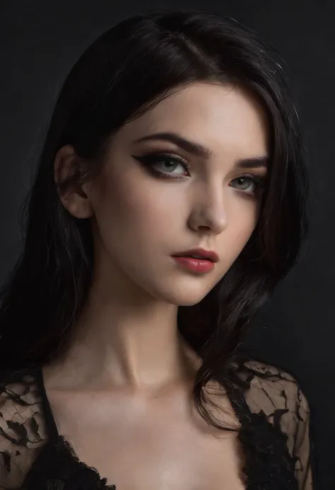 20-year-old realistic girl, professional camera, sexy Italian woman, black shiny hair, eyeliner, in dark room