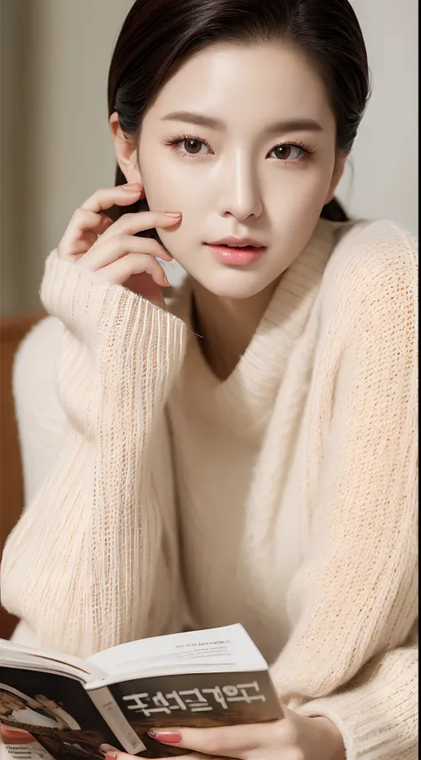 realistic photos of 1 cute Korean star, slicked hair back, white skin, 32 inch breasts size, wearing sweater, reading a  magazine, in salon, close-up portrait, UHD