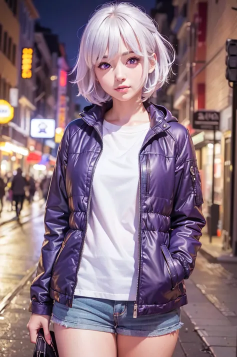 (best quality,4k,8k,highres,masterpiece:1.2),ultra-detailed,(realistic,photorealistic,photo-realistic:1.37),anime girl,short white hair,purple eyes,casual parka,laptop,streamer,Vtuber,street style,dynamic lighting,vibrant colors.