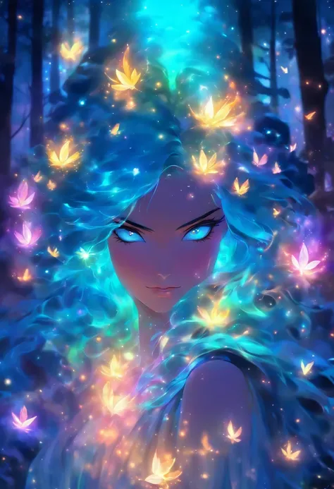 (best quality,highres,ultra-detailed),female with glowing teal eyes,rainbow colored hair,casting glowing spells,mystical forest,witch,goddess,medium:oil painting,beautiful detailed lips,dark and mysterious atmosphere,flowing gown,ethereal light,sorcery and...