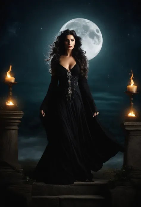 Bruxa, hecate goddess, rainha da magia e do poder, Controls shadows and illusion. mulher poderosa, of flowing black robes, cabelos pretos imensamente longos, olhos pretos. poderosa. Ao fundo, The night with the full moon and dark mystical beings, noite som...