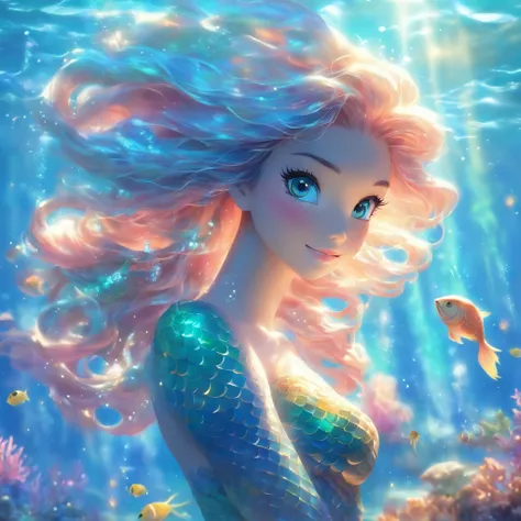 (goddess of the ocean,mermaid,multi-colored long hair,mystical),(best quality,4k,8k,highres,masterpiece:1.2),ultra-detailed,(realistic,photorealistic,photo-realistic:1.37),aquatic,serene,ethereal,underwater beauty,serenity of the sea,reflections in water,s...