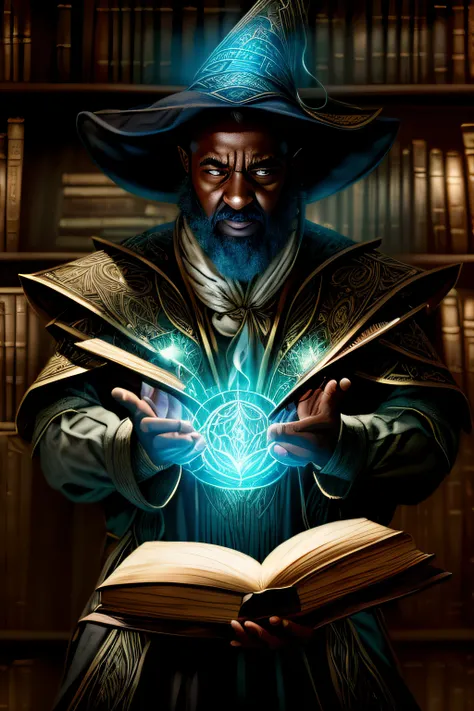 Estilo-NebMagic, uma obra-prima premiada arte conceitual de personagem de solo, de perto, a wizard his skin is black (cor da pele negra) holding a book of magic spells pulsating with celestial Style-Nebmagic, magic book, pele enrugada, fancy wizard hat, jo...