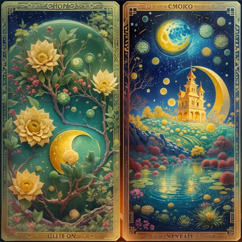 （tarot cards：1.5，rotary symmetrical），(tmasterpiece),（ultra - detailed：1.3），best qualtiy，（glittery:1.2），（dreamworld:1.4），((mooncake with Van Gogh style)),（The moon is empty），Crystal clear mooncakes，the night，Skysky，moon full，colored flowers，NOhumans，Cute li...