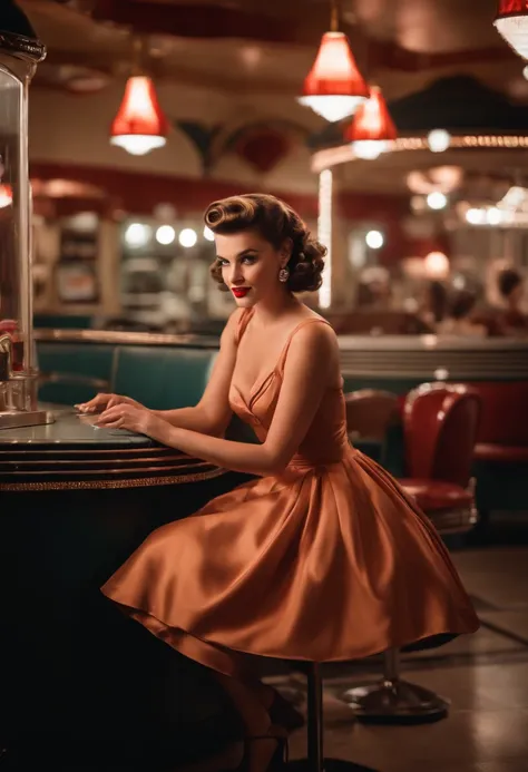 1girl dressed in a 1950s-inspired dress, complete with a full skirt and petticoat, her hair styled in classic pin curls. She should be seated at an old-fashioned diner, surrounded by vintage details like a jukebox, chrome accents, and neon signs. Her eyes ...