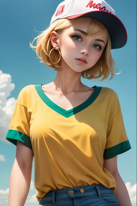 masterpiece, best quality, 1girl, aqua eyes, baseball cap, blonde hair, closed mouth, earrings, green background, hat, hoop earrings, jewelry, looking at viewer, shirt, short hair, simple background, solo, upper body, yellow shirt