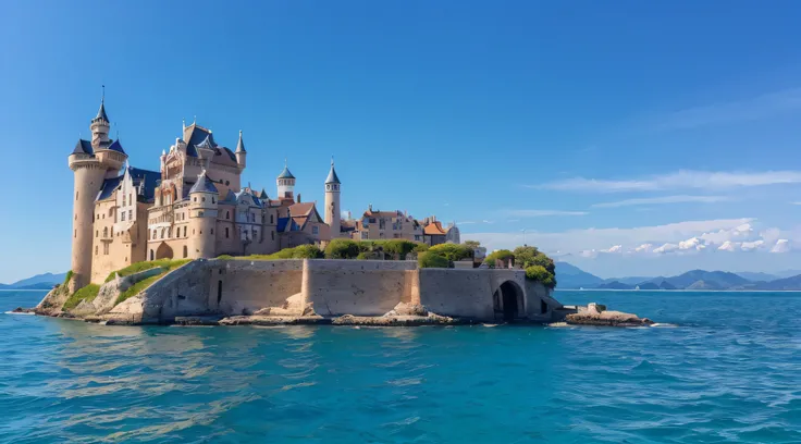 (((Superb view))),((​masterpiece,top-quality,16 K)),Castle on the sea,Ultra-detailed castle,during daytime,blue open sky